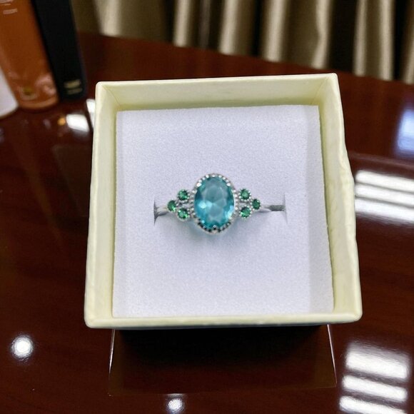 Bomb Party 925 Ring Teal Oval Gem Sterling Silver Size 8 Green Accent Jewelry - Picture 7 of 7